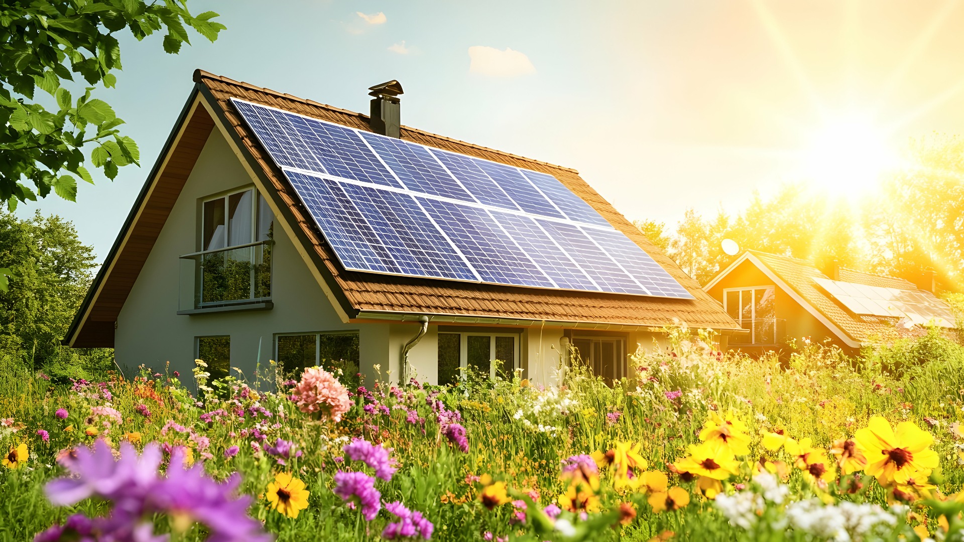 A modern house with solar panels on the roof, surrounded by lush green grass and colorful flowers in front of it. The sun is shining brightly overhead, casting warm light over everything.