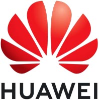 Das Bild zeigt das rote und weiße Huawei-Logo in stilisierter Blütenform