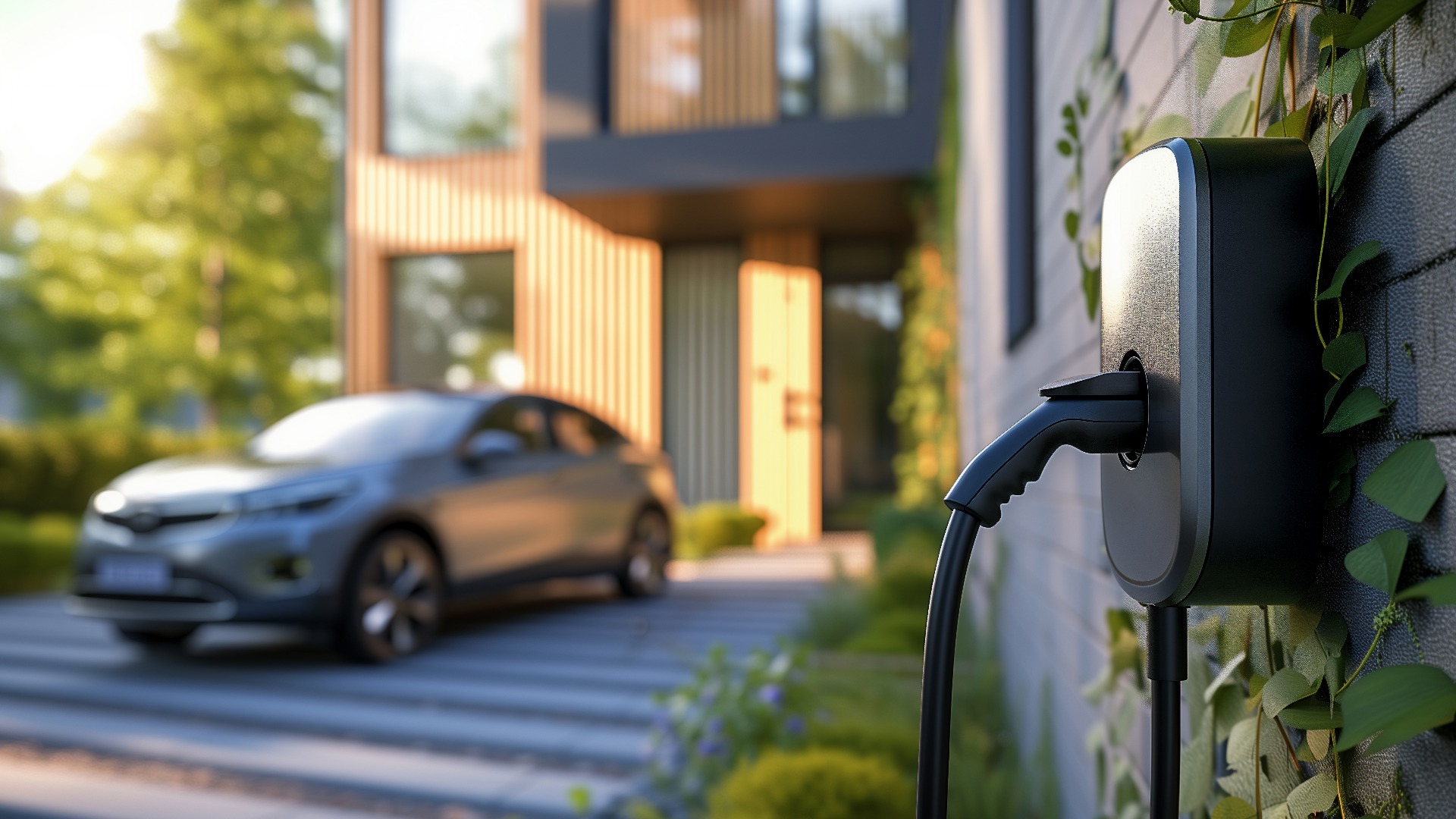 Generisches Elektrofahrzeug EV-Hybridauto wird über eine Wallbox aufgeladen