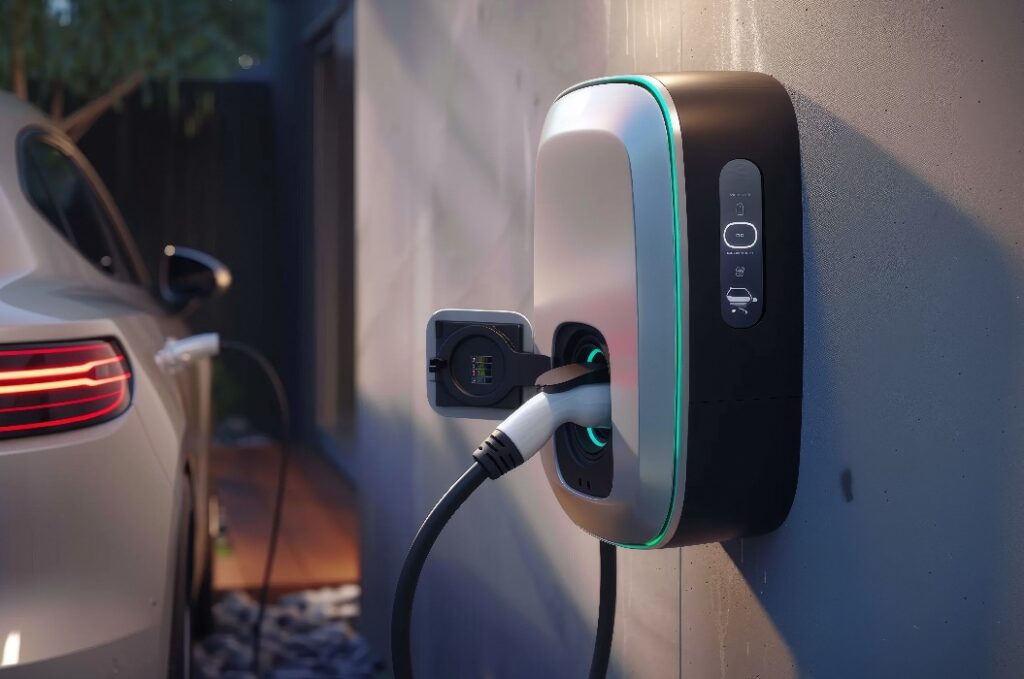 Ladestation für Elektrofahrzeuge mit angeschlossenem Kabel