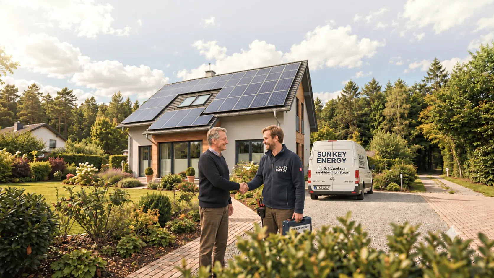 KI-generiert: Zwei laechelnde Maenner geben sich vor einem Haus mit Solaranlage die Hand